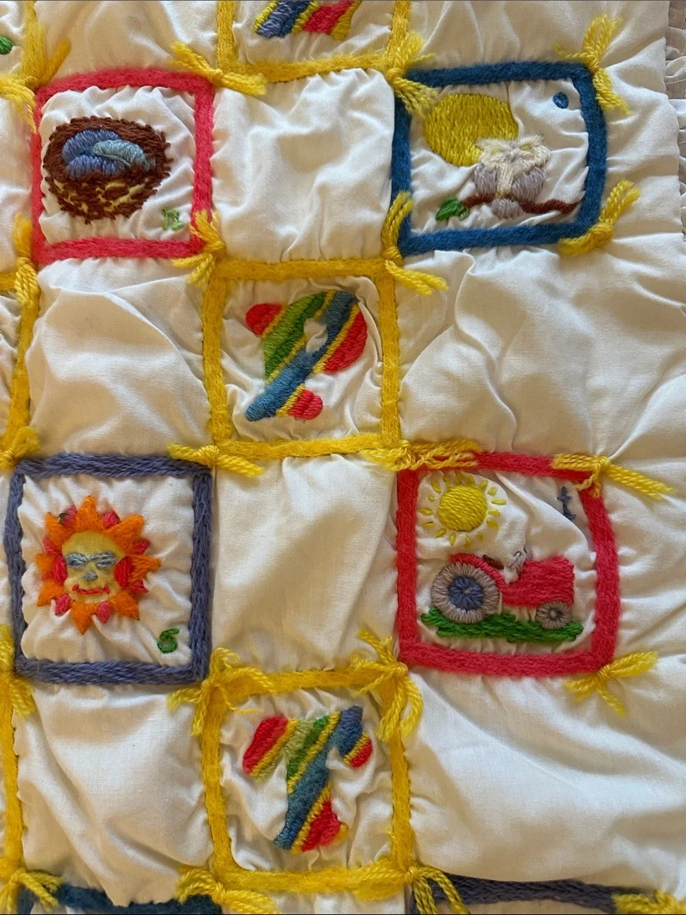 Handmade baby, toddler ABCs embroidered quilt with yellow gingham backing, 1979